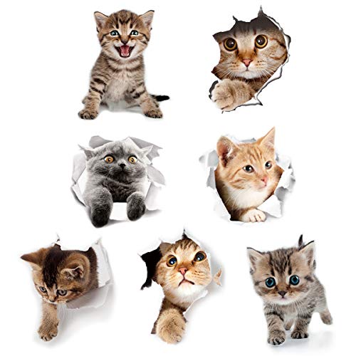 Cieovo 3D Removable Cats Large Wall Stickers Decals Cute Animal Wall Sticker Mural for Kids Cute Cat Decor Posters for Nursery Room, Toilet, Kitchen, Offices A Set of 7