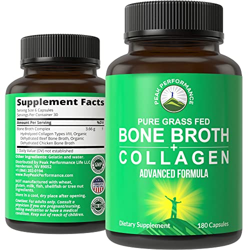 Bone Broth Collagen Capsules. 180 Pills of Grass Fed Bone Broth Collagen Protein Peptides. Contains All 3 Collagen Types 1, 2, and 3. Pure Pasture Raised Paleo Friendly Tablets for Women and Men