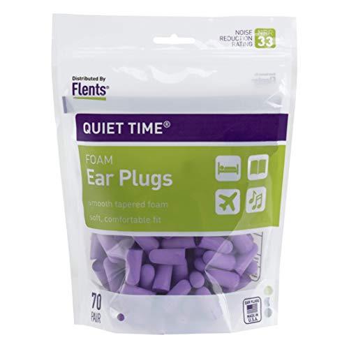 Flents Ear Plugs for Sleeping, Snoring, Loud Noise, Traveling, Concerts, Construction, & Studying, Made in the USA, NRR 33, Purple, 70 Pair