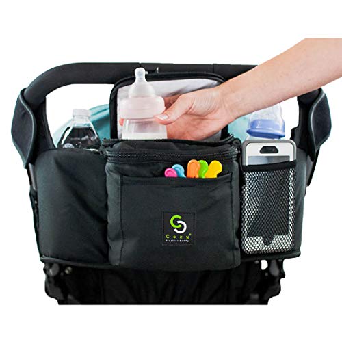Cozy Stroller Caddy Organizer (Black, Insulated) – Everything Mom Needs on Stroller – 2 Deep Cup Holders, 3 Separate Spaces, Front Cellphone Holder, Wallets, Diapers, Milk