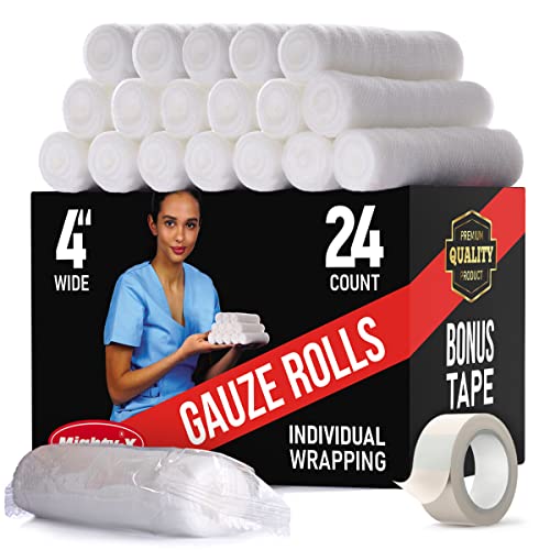 Mighty-X Premium Gauze Rolls – 24 pack – 4″ Individually Wrapped + Bonus Tape – First Aid Conforming Rolled Gauze