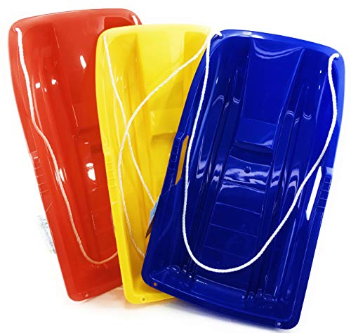 Matty’s Toy Stop 26″ Heavy Duty Plastic Snow Sled Toboggan with Tow Rope for Kids Red, Yellow & Blue Gift Set Bundle – 3 Pack