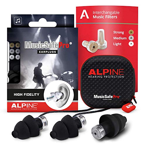 Alpine MusicSafe Pro High Fidelity Music Earplugs for Noise Reduction – 3 Interchangeable Premium Filter Sets – Professional Musician Hearing Protection – Hypoallergenic Reusable Soft Black Plugs