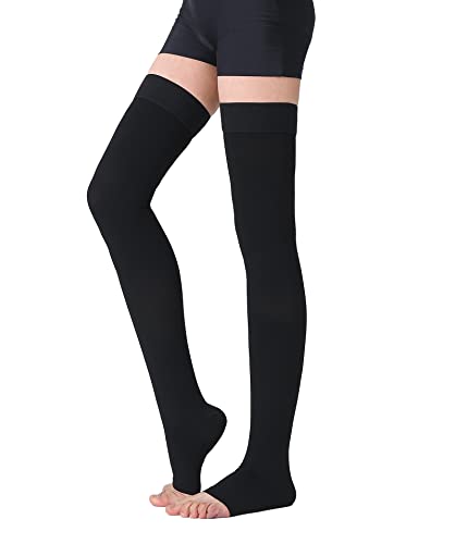 TOFLY® Thigh High Compression Stocking for Women & Men (Pair), Open Toe, Opaque, Firm Support 15-20mmHg Graduated Compression with Silicone Band, Varicose Veins, Swelling, Edema, DVT Black XXL