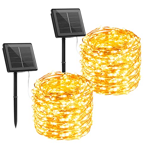 Brightown Outdoor Solar String Lights, 2 Packs Each 66Feet 200 Led Solar Powered Fairy Lights with 8 Modes Waterproof Decoration Lights for Patio Yard Trees Christmas Wedding Party (Warm White)