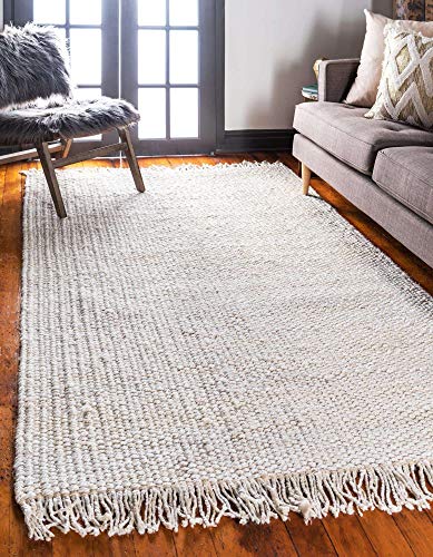 Unique Loom Chunky Jute Collection Solid, Transitional, Bohemian Area Rug, 8 ft x 10 ft, Ivory