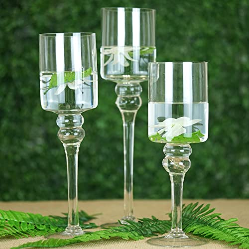 TABLECLOTHSFACTORY Set of 3 Clear Long Stem Glass Cylinder Flower Vase Tabletop Candle Holders