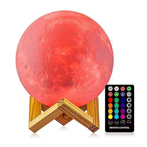 LOGROTATE Moon Lamp 16 Colors, Dimmable, Rechargeable Lunar Night Light (5.9 inch) Full Set with Wooden Stand, Remote & Touch Control – Cool Nursery Decor for Baby Kids Bedroom, Birthday Day Gifts
