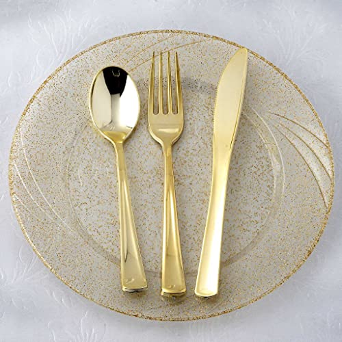 TABLECLOTHSFACTORY 48pcs Metallic Gold Disposable Plastic Cutlery Set for Wedding Party Banquet Events Candy Buffets Dinnerware