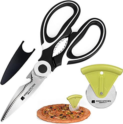 Dodo Kitchen Cooking Scissors – Stainless-Steel Food Scissors – Kitchen Scissors for Meat, Vegetables and Herbs – Multifunctional Shears with Blade Cover and Pizza Slicer – Heavy Duty Meat Shears