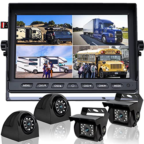 RV Backup Camera System with 9” Quad Split 1080P Monitor for Truck Trailer Semi Camper Bus & 4 AHD Rear Side View Camera with DVR Record Function IP69 Waterproof Night Vision Avoid Blind Spot DOUXURY