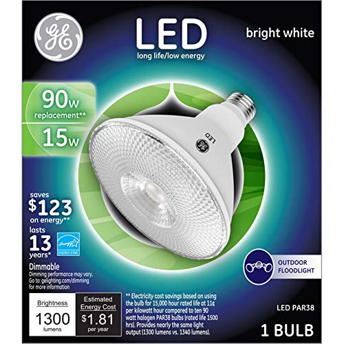G E Lighting 38451 LED Flood Light Bulb, Medium Base, Bright White, Clear, 15-Watts – Quantity 1
