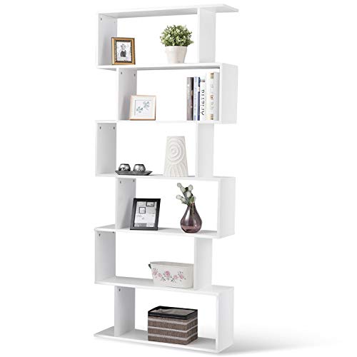 Tangkula 6 Shelf Bookcase, Modern S-Shaped Z-Shelf Style Bookshelf, Multifunctional Wooden Storage Display Stand Shelf for Living Room, Home Office, Bedroom, Bookcase Storage Shelf (1, White)