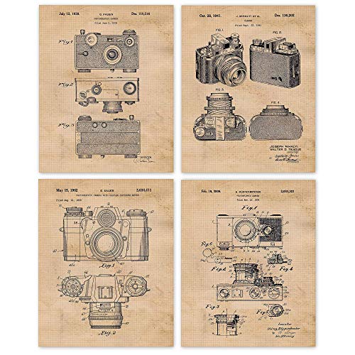 Vintage Classic Camera Patent Prints, 4 (8×10) Unframed Photos, Wall Art Decor Gifts Under 20 for Home Office Garage Man Cave Studio Lab School College Student Teacher Photography Sports Fan