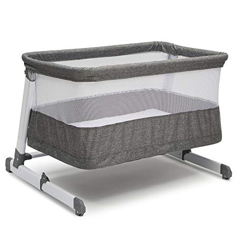 Simmons Kids Room2Grow 2-in-1 Newborn Bedside Bassinet & Infant Sleeper – Height Adjustable Portable Crib with Wheels & Airflow Mesh, Grey Tweed