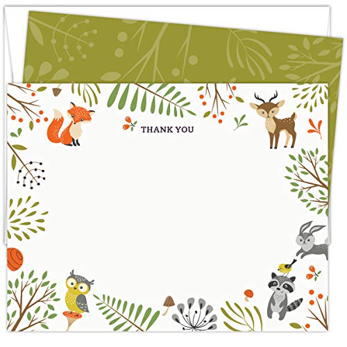 Woodland Animals Baby Shower Thank You Cards. Set of 25 5.5” x 4.25” Flat Note Cards and A2 White Envelopes. Printed on Heavy Card Stock.