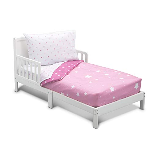 Delta Children 4 Piece Toddler Bedding Set for Girls – Reversible 2-in-1 Comforter – Includes Fitted Comforter to Keep Little Ones Snug, Bottom Sheet, Top Sheet, Pillow Case – Pink Blushing Star