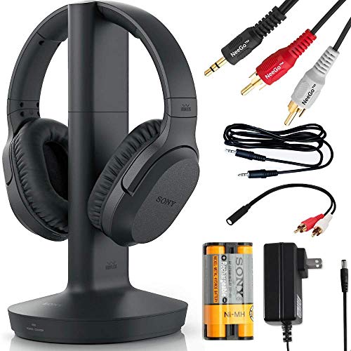 Sony Wireless Headphone & Cable Bundle – Wireless Home Theater Over-Ear Headphones Feature 150-Foot Range, Volume Control, Voice Mode, 20-Hr Battery Life – 6-ft 3.5mm Stereo + NeeGo RCA Plug Y-Adapt