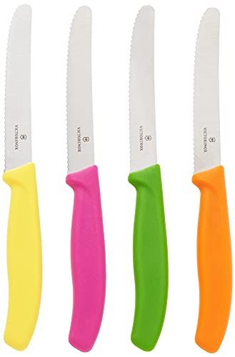Victorinox 4.5 Inch Utility Knife Set | Razor Sharp Serrated Edge, Ergonomic Fibrox Pro Handle, Four (4) Pack, Multi Colored