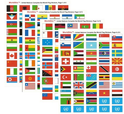 World Flag Stickers – United Nations Sticker Set; 1.5″ x 1″ Self Adhesive Stickers for Every International Country in The United Nations Plus 7 UN Stickers, 200 Sticker Flags Total, Made in USA.