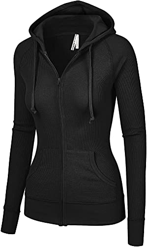 OLLIE ARNES Women’s Thermal Long Hoodie Zip Up Jacket Sweater Tops Thermal_Black L