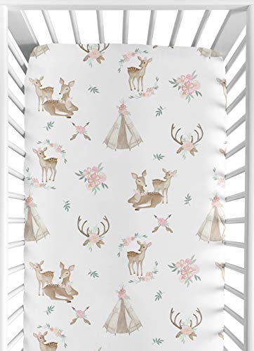 Sweet Jojo Designs Blush Pink, Mint Green and White Boho Baby or Toddler Fitted Crib Sheet for Woodland Deer Floral Collection