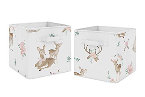 Sweet Jojo Designs Blush Pink, Mint Green and White Boho Organizer Storage Bins for Woodland Deer Floral Collection – Set of 2