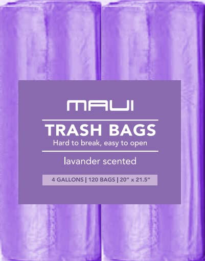 Maui Small Trash Bags (120 count), 4 Gallons Lavender Scented Strong Trash Bags. for Office, Bathrooms, Bedroom, Home and Kitchen. Easily fit 4 Gallon Trash can Hard to Break Easy to Open. (120)