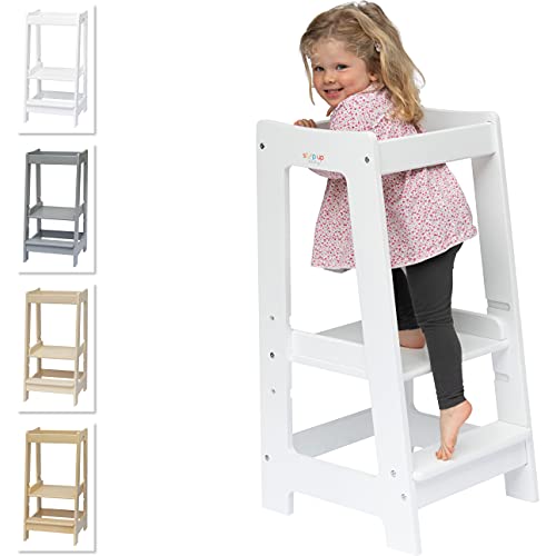 Stepup Baby Montessori Step Stool for Toddlers Toddler Tower for Kitchen Adjustable Toddler Step Stool with Safety Rail – White’