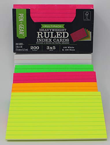 Heavy Weight Ruled Index Cards 5 x 3 inches, 200 count, (100 White & 100 Neon)