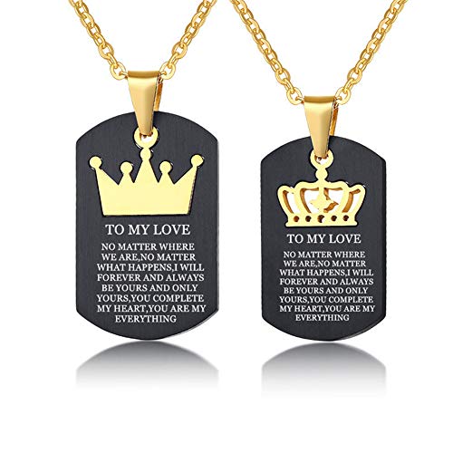 LF TO MY LOVE Necklace,Stainless Steel Personalized Name Date Customize His Queen Her King Crown Couple Dog Tag Necklace Sentimental Motivational Message Pendant for Valentine,Free Engraving