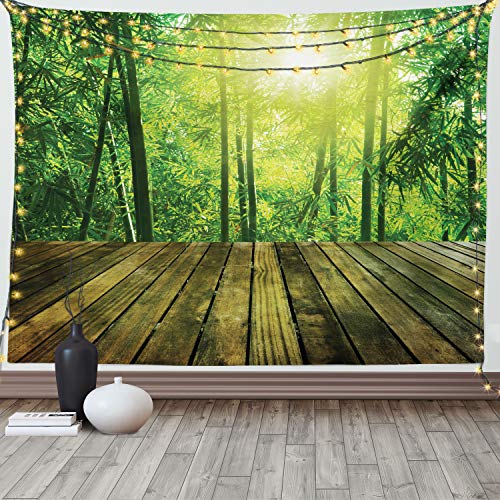 Ambesonne Tropical Tapestry, Wooden Planks and Bamboo Forest Morning Sun Rays Nature Landscape, Fabric Wall Hanging Decor for Bedroom Living Room Dorm, 90″ X 60″, Brown Yellow