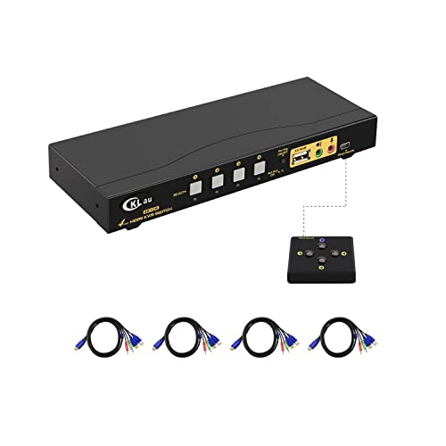 CKLau KVM Switch HDMI 4 Port with USB Hub, Audio and 4 KVM Cables, 4 Port HDMI KVM Switch Support 4K@60Hz 4:4:4, EDID Support Wireless Keyboard Mouse