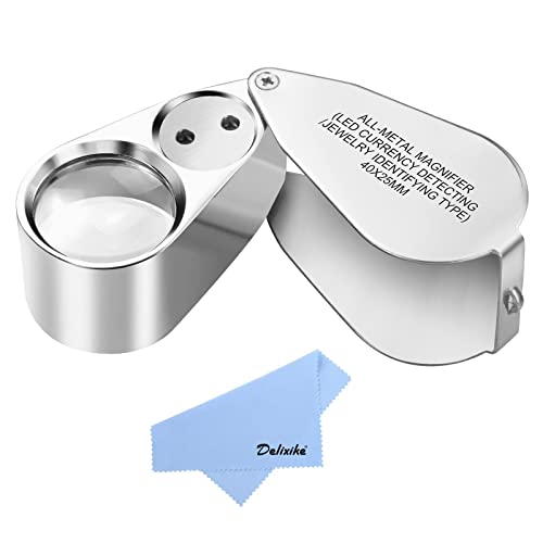 40X Full Metal Illuminated Jewelry Loop Magnifier,Delixike Pocket Folding Magnifying Glass Jewelers Eye Loupe with LED Light(LED Currency Detecting/Jewlers Identifying Type Lupe)