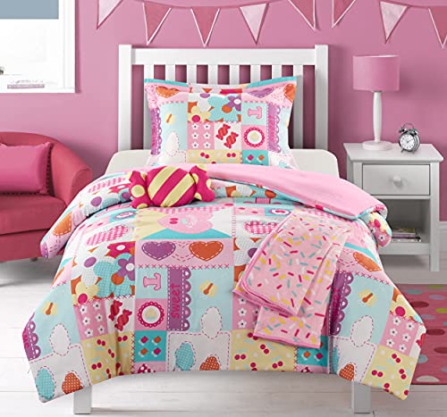 Chic Home Candy 5 Piece Comforter Set Stitched Patchwork Life is Sweet Theme Youth Design Bedding-Throw Blanket Decorative Pillow Shams Included, Full