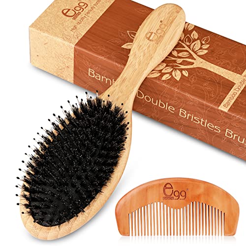 BLACK EGG Boar Bristle Hair Brush, Natural Bristles Hair Brush for Women Men Kids, Bamboo Hair Brush for Wet/Dry Hair Smoothing Massaging Detangling, Reduce Frizz Dry Restore Natural Shine