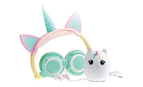 Gabba Goods 3 Piece Gift Set Premium LED Light Up in The Dark Unicorn Over The Ear Earphones Comfort Padded Stereo Headphones AUX Cable | Ear Buds & Bluetooth Stereo Speaker
