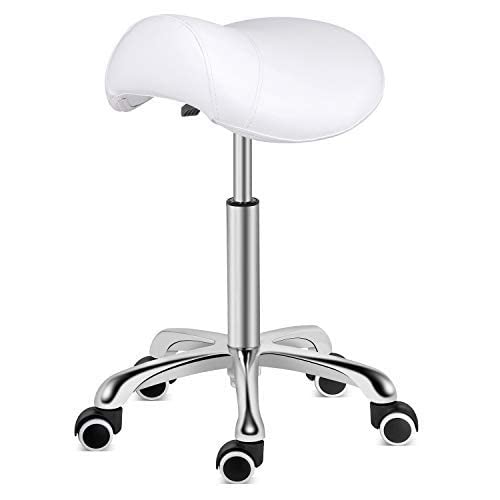 Kaleurrier Saddle Stool Rolling Swivel Height Adjustable with Wheels,Heavy Duty Stool,Ergonomic Stool Chair for Lab,Clinic,Dentist,Salon,Massage,Office and Home Kitchen (White, Without Back)