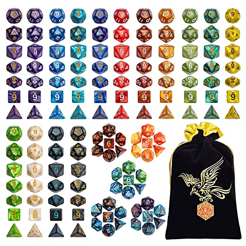 QMay DND Dice Set – 20×7 (140 Pieces) Polyhedral Dice, 20 Colors D&D Dice for Dungeons and Dragons Tabletop Role-Playing Games with 1 Drawstring Bag.