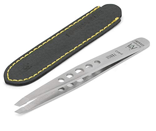 GERMANIKURE Professional Perforated Slanted Tweezers – FINOX Stainless Steel in Leather Case – Ethically made in Solingen Germany – 4403