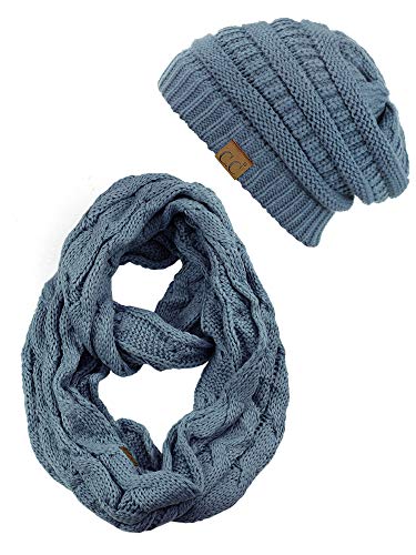 C.C Unisex Soft Stretch Chunky Cable Knit Beanie and Infinity Loop Scarf Set, Dark Denim