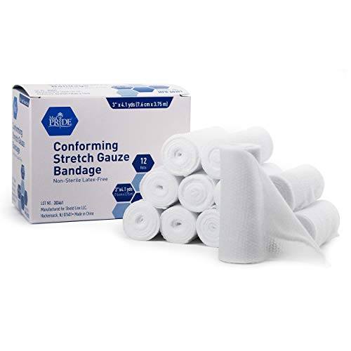 MED PRIDE Conforming Gauze Rolls First Aid Rolled Stretch Bandages for Wounds & Injuries – Disposable Nonsterile Body Wrap Dressing for The Knee, Ankle, Hands, Wrist, White (3”x 4.1 yd)