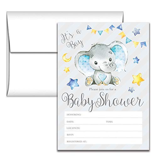 Elephant Baby Shower Invitations – Gray and Blue Boy Party Invites