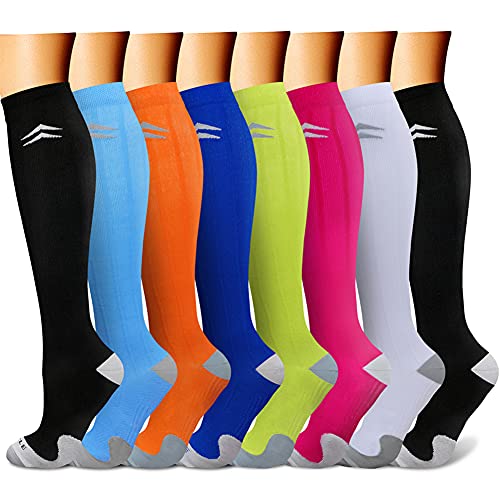 CHARMKING Compression Socks for Women & Men (8 Pairs) 15-20 mmHg Graduated Copper Support Socks are Best for Pregnant, Nurses – Boost Performance, Circulation, Knee High & Wide Calf (S/M, Multi 15)