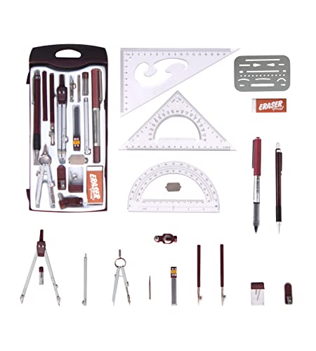 Drawing Tools & Kits 20Pc Geometry Set Aluminum Compass,Protractors,Set Square,Ball Pen,Bow-Pen,Erasing Shield etc.for Basic Beginner Engineers and Students.Size:10×4.6×1 inches (red)