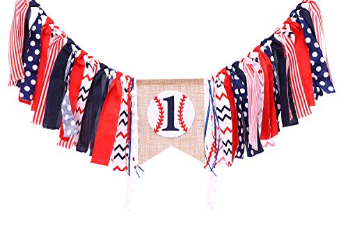 Baseball Banner for 1 St Birthday – First Birthday Decorations for Baseball Rag Tie Fabric Garland, Photo Booth Props Red White Blue, Birthday Souvenir and Gifts for Boy