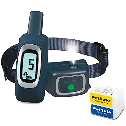 PetSafe Remote Spray Trainer, Dog Training Collar- 3 Modes: Tone, Vibration or Spray- Rechargeable & Water-Resistant – Includes Citronella & Unscented Spray Refills- 300 Yards (900 Feet) Range,Navy