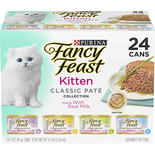 Purina Fancy Feast Grain Free Pate Wet Kitten Food Variety Pack, Kitten Classic Pate Collection, 4 Flavors – (24) 3 oz. Boxes