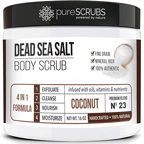 pureSCRUBS Premium Organic Body Scrub Set – INCLUDES spoon, loofah & soap – Large 16oz COCONUT BODY SCRUB Dead Sea Salt Infused Organic Essential Oils & Nutrients