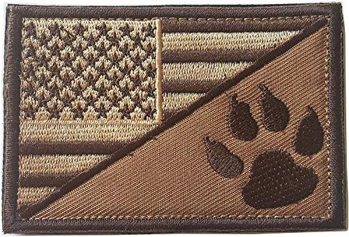 USA American Flag w/Dog Tracker Paw Embroidered Applique Hook & Loop Patch (Browm)